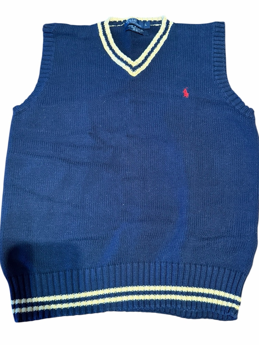 Vintage Ralph Lauren Navy V-Neck Knit Sweater Vest with Trim L (fits S-M)